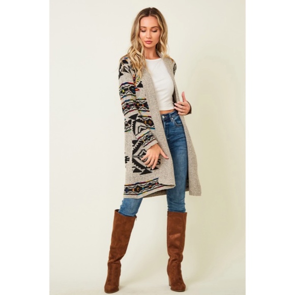 Taupe Multi Color Aztec Tribal Native Western Boho Open Cardigan Sweater - Picture 6 of 10